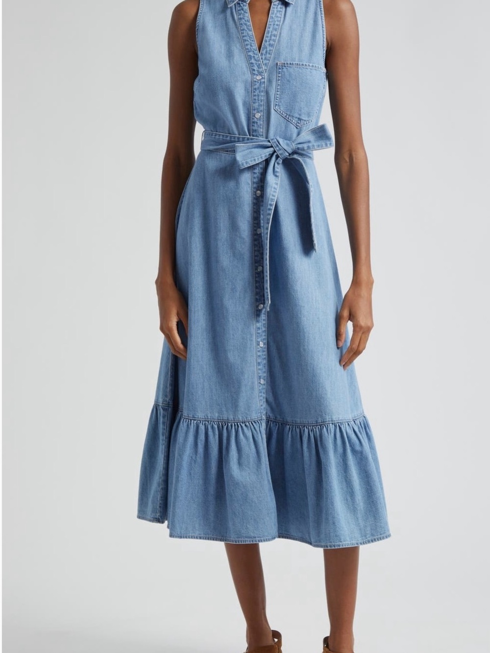Veronica Beard Edwina Light Blue Denim Sleeveless Soft Cotton Midi Dress w/ Belt